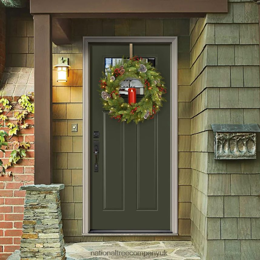 Greenery | National Tree Company Pre-Lit Artificial Christmas Wreath Green Bristle Berry Pine White Lights Decorated with Frosted Branches Pine Cones Berry Clusters Christmas Collection 24 Inc